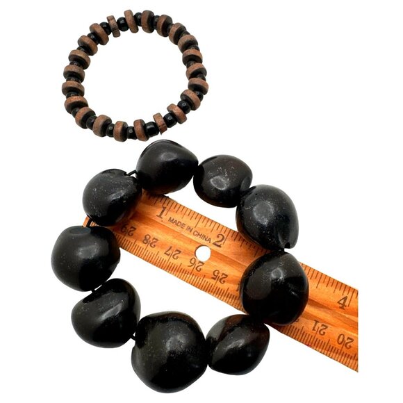 2 Island Boho Chic Bracelets Stretch Beaded Black Brown Kukui Nut Wood Glass - Picture 3 of 6